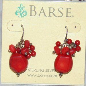 New Vintage Barse Sterling Silver Genuine Stone Red Coral Drop Hook Earrings